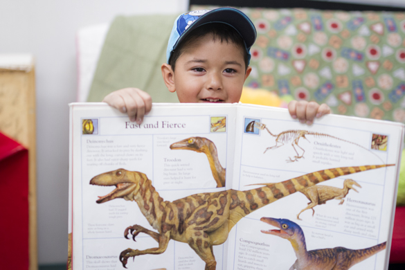 儿童在幼儿教育中心阅读恐龙书。